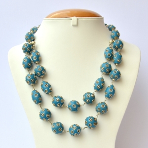 Handmade Necklace with Blue Beads having Metal Balls & Rings