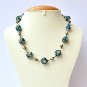 Handmade Necklace with Blue Beads having Metal Rings & Balls