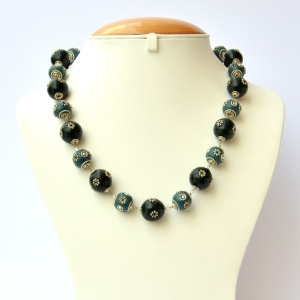 Handmade Necklace with Black & Blue Beads having Metal Flowers