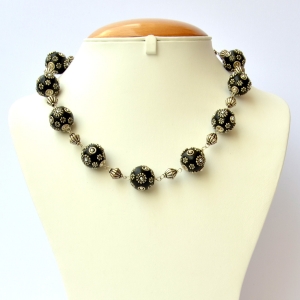Handmade Necklace with Black Beads having Metal Flowers