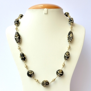 Handmade Black Necklace Studded with Metal Heart, Chain & Accessories