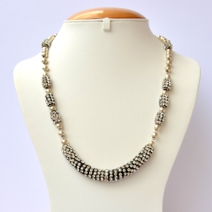 Handmade Necklace Studded with White Rhinestones on Black Base