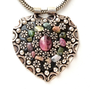 Handmade Black Pendant Studded with Gemstones & Metal Flowers