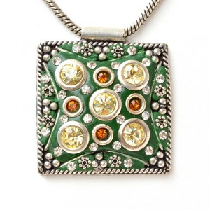 Handmade Green Square Pendant Studded with Metal Flowers