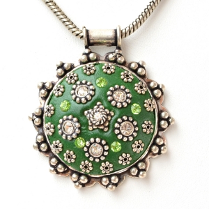 Handmade Round Green Pendant Studded with Metal Flowers & Rhinestones