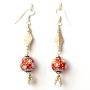 Handmade Earrings having Red Beads with Metal Rings & White Rhinestones
