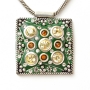 Handmade Green Square Pendant Studded with Metal Flowers