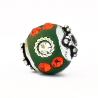 Green Beads Studded with Metal Rings, Red & White Rhinestones