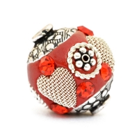 Red Beads Studded with Metal Rings + Flowers + Heart & Rhinestones