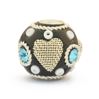 Black Beads Studded with Metal Rings, Hearts & Rhinestones