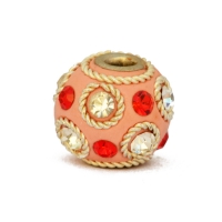 Pink Beads Studded with Red + White Rinestones & Metal Rings