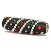 Black Tube Beads Studded with Metal Chains & Blue + Red Grains
