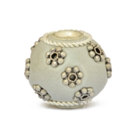 Gray Kashmiri Beads Studded with Silver Plated Flowers