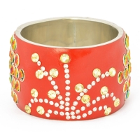 Handmade Red Bangle Studded with Rainbow Accessories & Rhinestones (Front View)