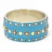 Handmade Blue Bangle Studded with Metal Flowers & Rhinestones