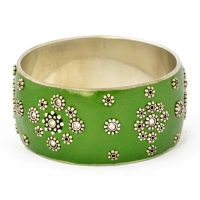 Handmade Green Bangle Studded with Metal Flowers & White Rhinestones