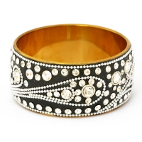 Handmade Black Bangle Studded with Metal Chains & White Rhinestones (Front View)