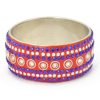 Handmade Red Bangle Studded with Blue & White Rhinestones