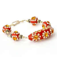 Handmade Bracelet having Red Beads with Metal Rings & Rhinestones