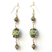 Handmade Earrings having Yellow Beads with Aqua Rhinestones