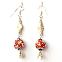 Handmade Earrings having Red Beads with Metal Rings & White Rhinestones