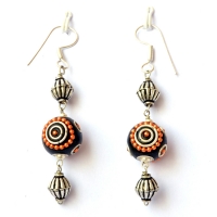 Handmade Earrings having Black Beads with Orange Chains