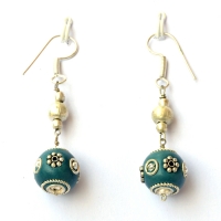 Handmade Earrings having Blue Beads with Metal Rings & Flowers