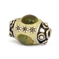 Cylindrical Beads Studded with Metal Flowers & Tourmaline Cabochon