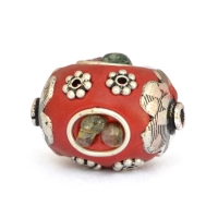 Red Beads Studded with Metal Rings + Flowers + Tourmaline