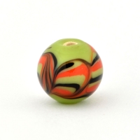 Green Glass Beads with Red & Black Spiral Linings