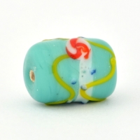 Turquoise Color Cylindrical Glass Beads with Red & Blue Dots