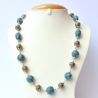 Blue Handmade Necklace Studded with Silver Plated Rings & Balls