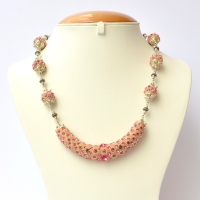 Pink Handmade Necklace Studded with Metal Flowers & Rhinestones