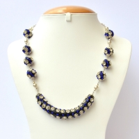 Black Handmade Necklace Studded with White + Blue Rhinestones