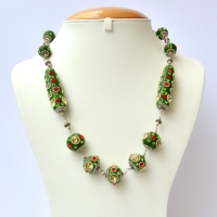 Green Handmade Necklace Studded with Metal Rings & Rhinestones