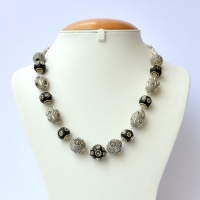 Handmade Necklace with Black & Gray Beads having Metal Flowers