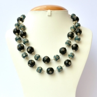 Handmade Necklace with Blue & Black Beads having Metal Flowers