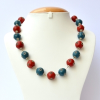 Handmade Necklace with Red & Blue Beads having Metal Flowers