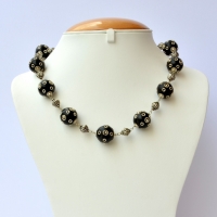 Handmade Necklace Studded with Black Beads having Metal Rings