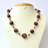 Handmade Black Necklace Studded with Red Chain