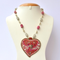 Handmade Red Necklace Studded with Pink & White Rhinestones