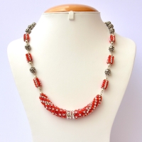 Handmade Necklace Studded with Red & White Rhinestones