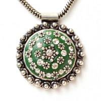 Handmade Green Pendant Studded with Silver Plated Flowers